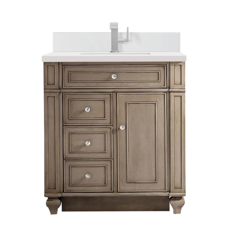 Bristol 30&apos;&apos; Single Vanity, Whitewashed Walnut w/ Single Hole 3 CM White Zeus Quartz Top