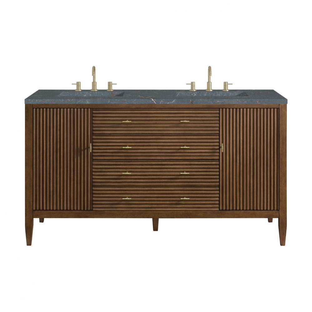 Myrrin 60&apos;&apos; Double Vanity, Mid Century Walnut w/ 3 CM Parisien Blue Quartz Top