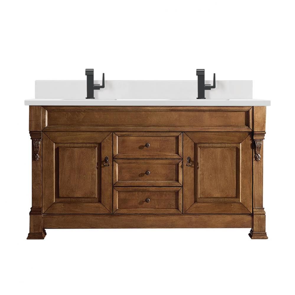 Brookfield 60&apos;&apos; Double Vanity, Country Oak w/ Single Hole 3 CM White Zeus Quartz Top &am