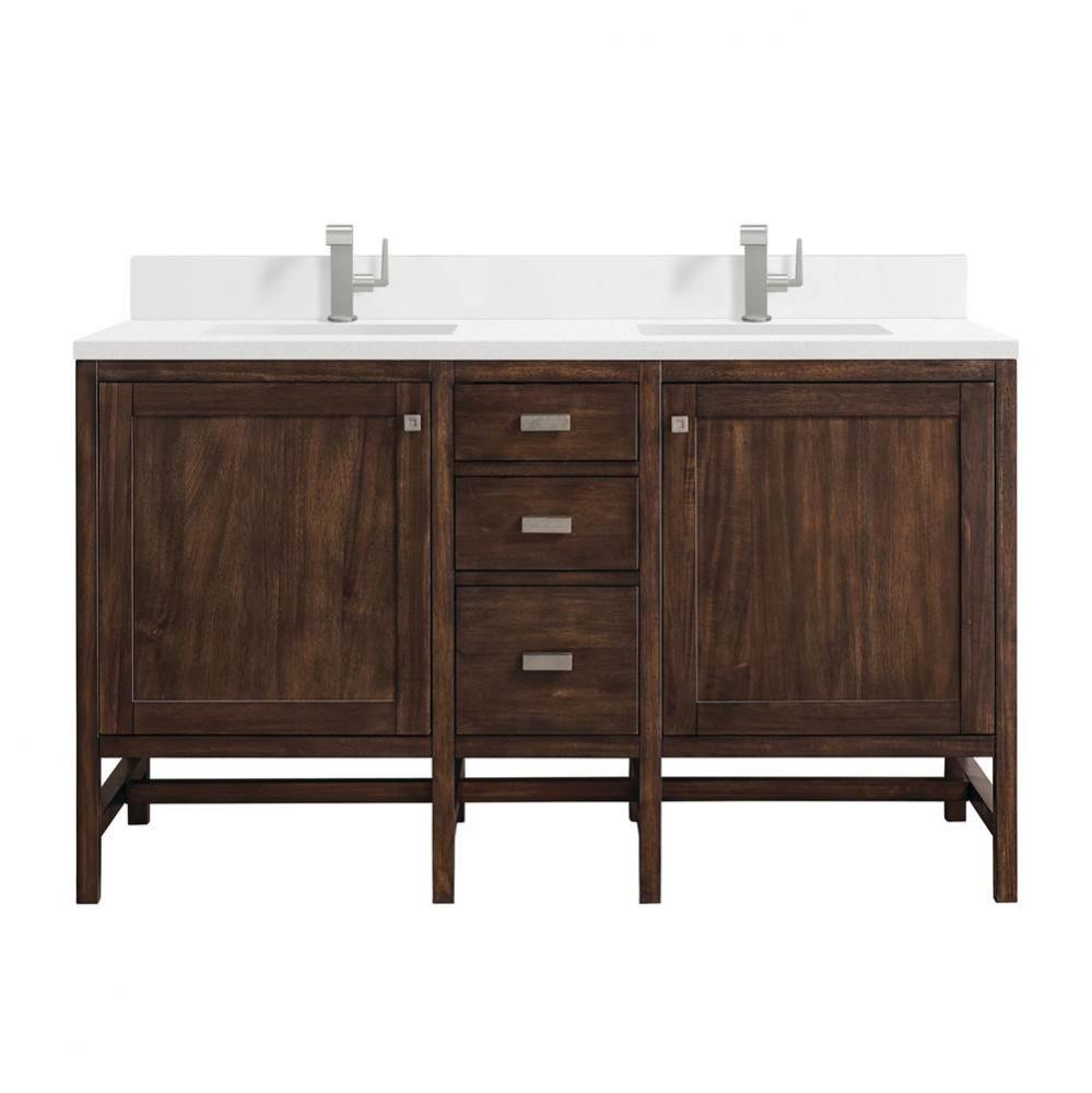 Addison 60&apos;&apos; Double Vanity, Mid-Century Acacia w/ Single Hole 3 CM White Zeus Quartz Top