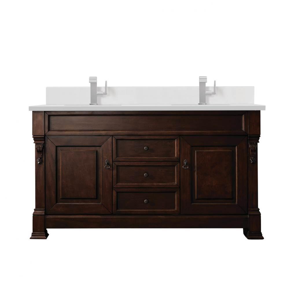 Brookfield 60&apos;&apos; Double Vanity, Burnished Mahogany w/ Single Hole 3 CM White Zeus Quartz