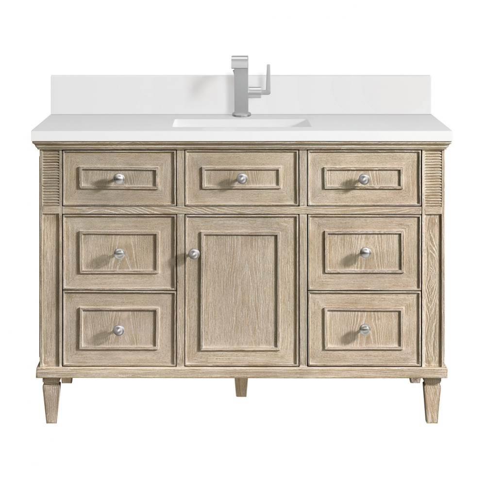 Lorelai 48&apos;&apos; Single Vanity, Whitewashed Oak w/ Single Hole 3 CM White Zeus Quartz Top &a