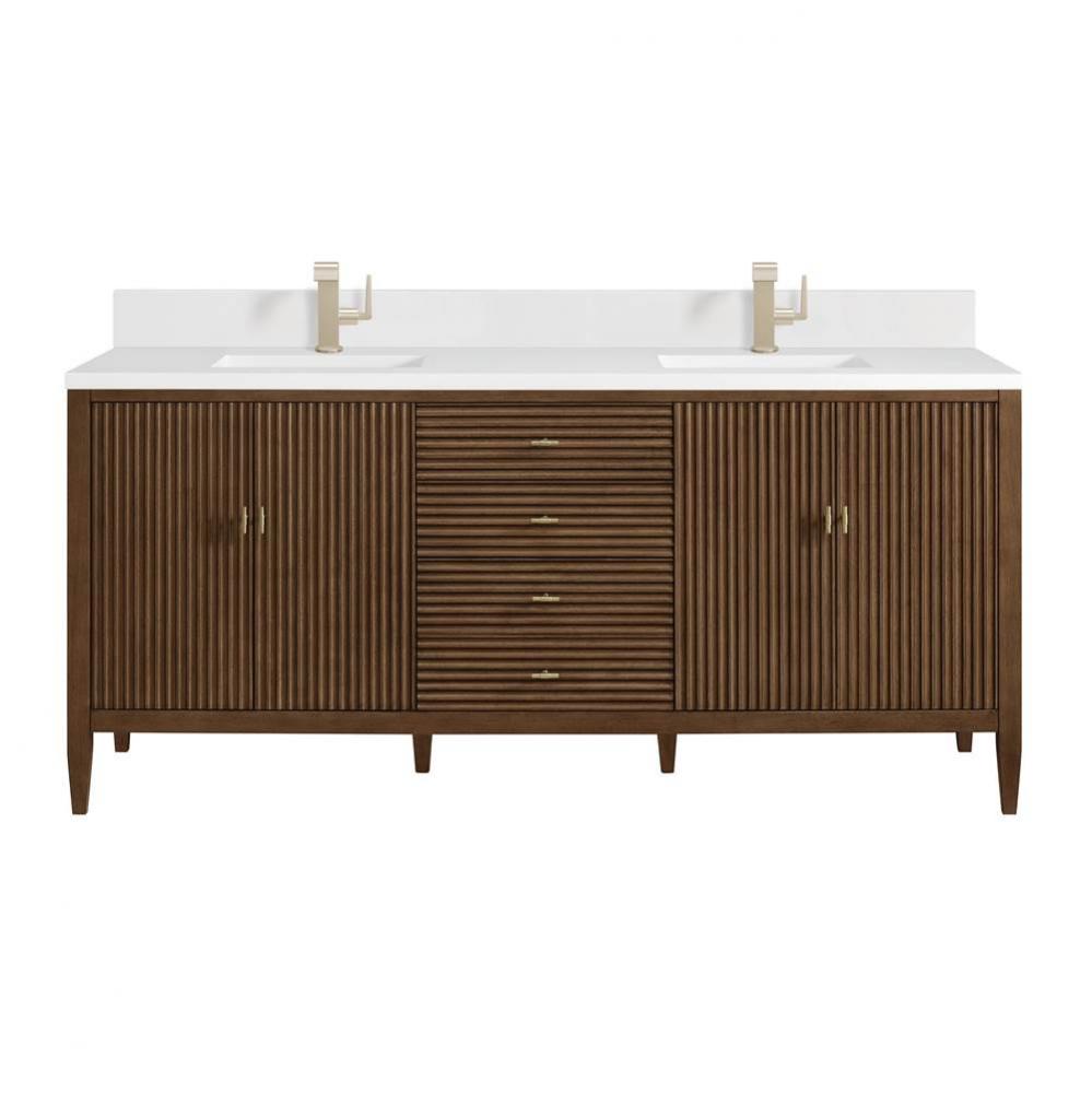 Myrrin 72&apos;&apos; Vanity, Mid Century Walnut w/ Single Hole 3 CM White Zeus Quartz Top &amp; B