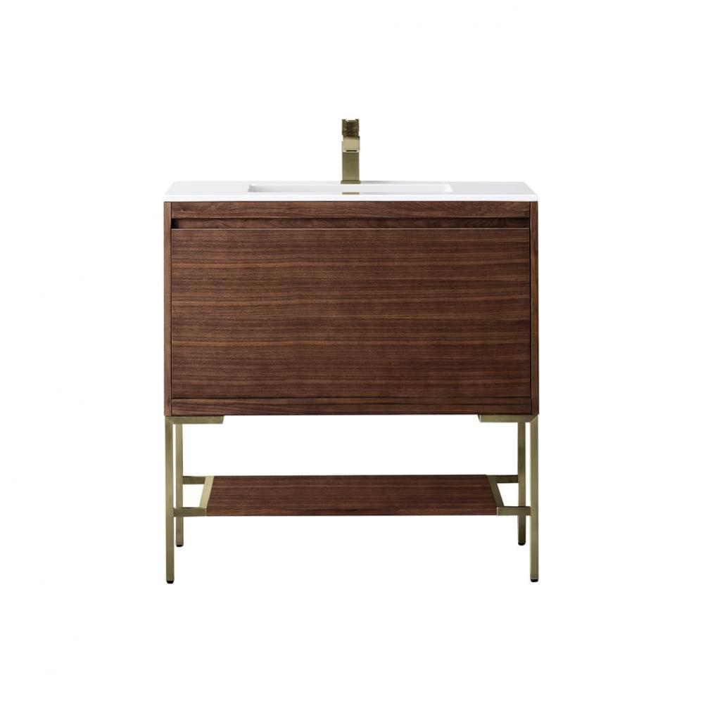 Mantova 35.4&apos;&apos; Single Vanity, Mid-Century Walnut, Champagne Brass Base w/ Glossy White C