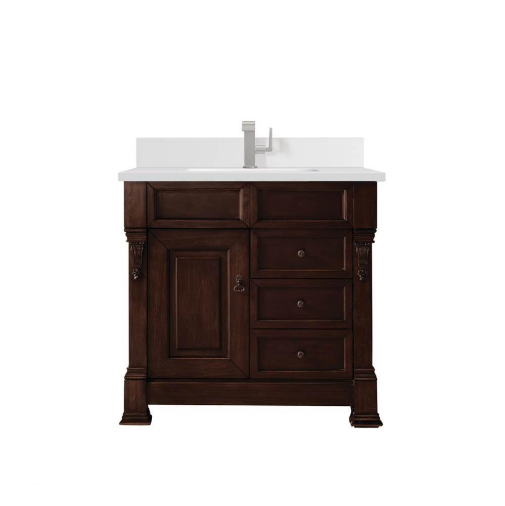 Brookfield 36&apos;&apos; Single Vanity, Burnished Mahogany w/ Single Hole 3 CM White Zeus Quartz