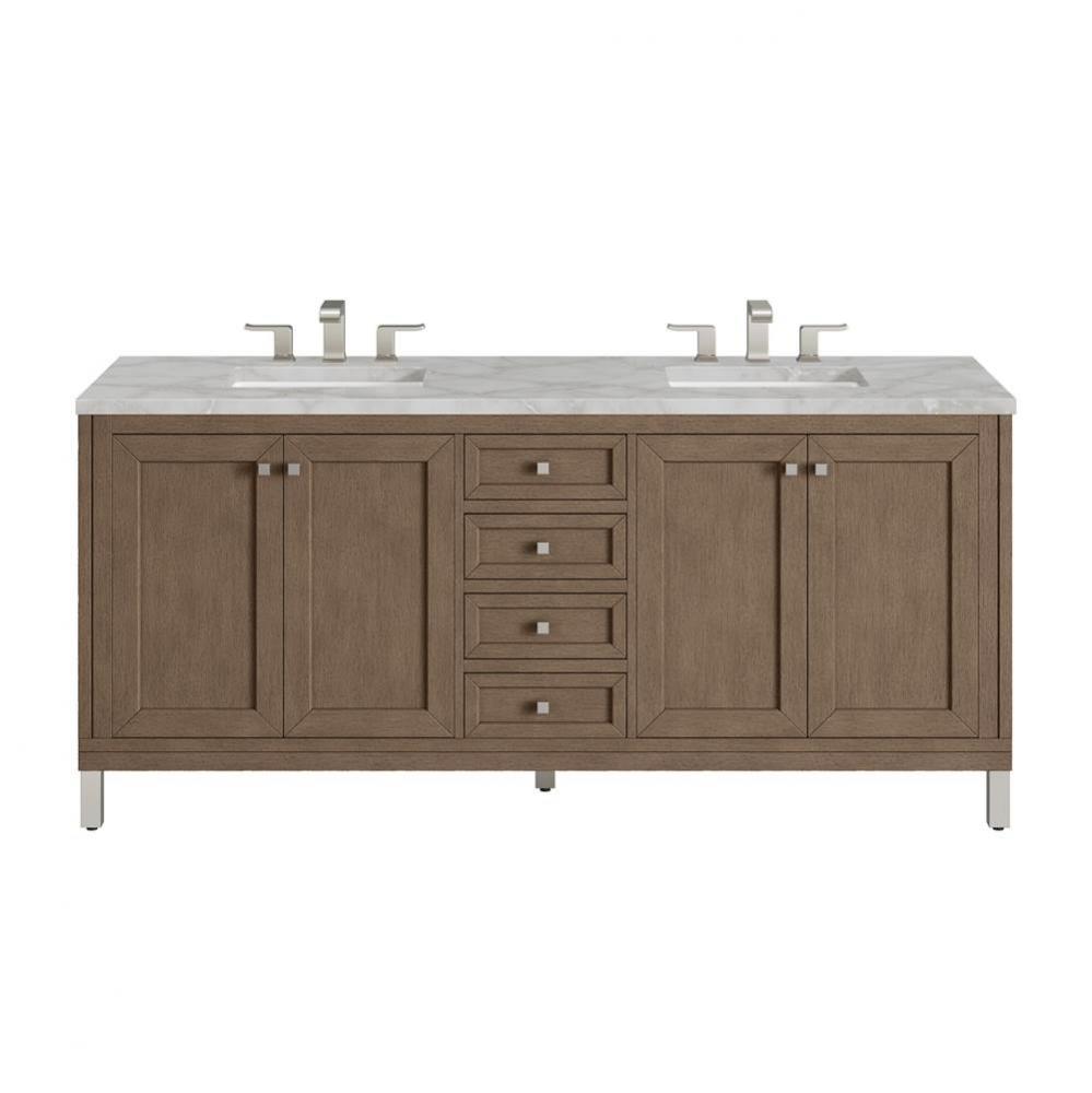 Chicago 72&apos;&apos; Double Vanity, Whitewashed Walnut w/ 3 CM Victorian Silver Quartz Top