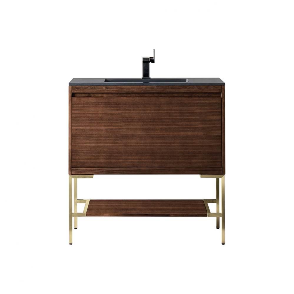 Mantova 35.4&apos;&apos; Single Vanity, Mid-Century Walnut, Champagne Brass Base w/ Charcoal Black