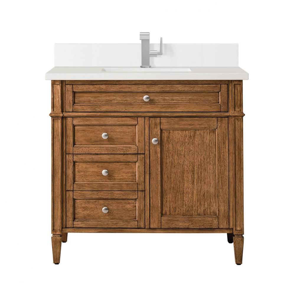 Brittany 36&apos;&apos; Single Vanity, Saddle Brown w/ Single Hole 3 CM White Zeus Quartz Top &amp