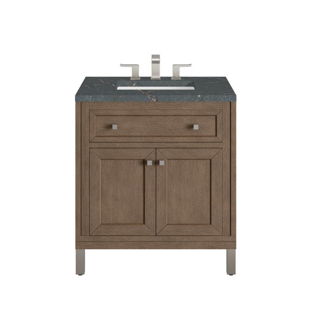 Chicago 30&apos;&apos; Single Vanity, Whitewashed Walnut w/ 3 CM Parisien Bleu Quartz Top