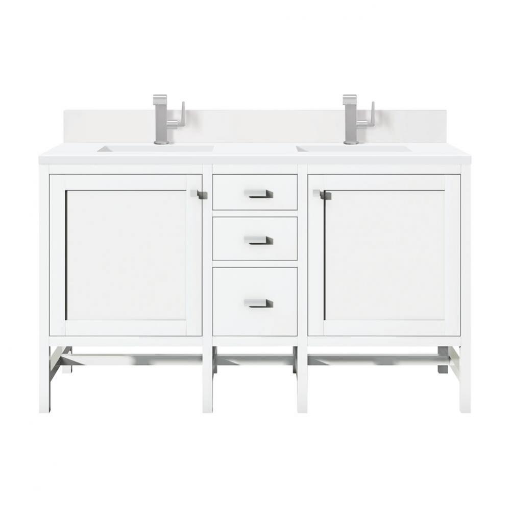 Addison 60&apos;&apos; Double Vanity, Glossy White w/ Single Hole 3 CM White Zeus Quartz Top &amp;