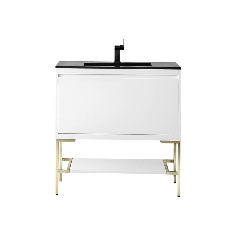 Mantova 35.4&apos;&apos; Single Vanity, Glossy White, Champagne Brass Base w/ Charcoal Black Compo