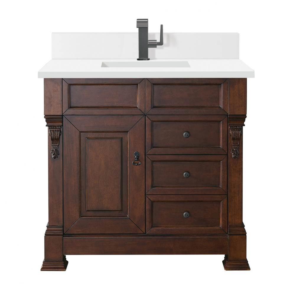 Brookfield 36&apos;&apos; Single Vanity, Warm Cherry w/ Single Hole 3 CM White Zeus Quartz Top &am