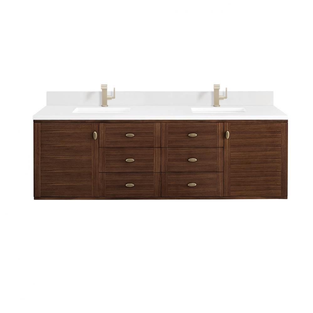 Amberly 72&apos;&apos; Double Vanity, Mid-Century Walnut w/ Single Hole 3 CM White Zeus Top &amp;