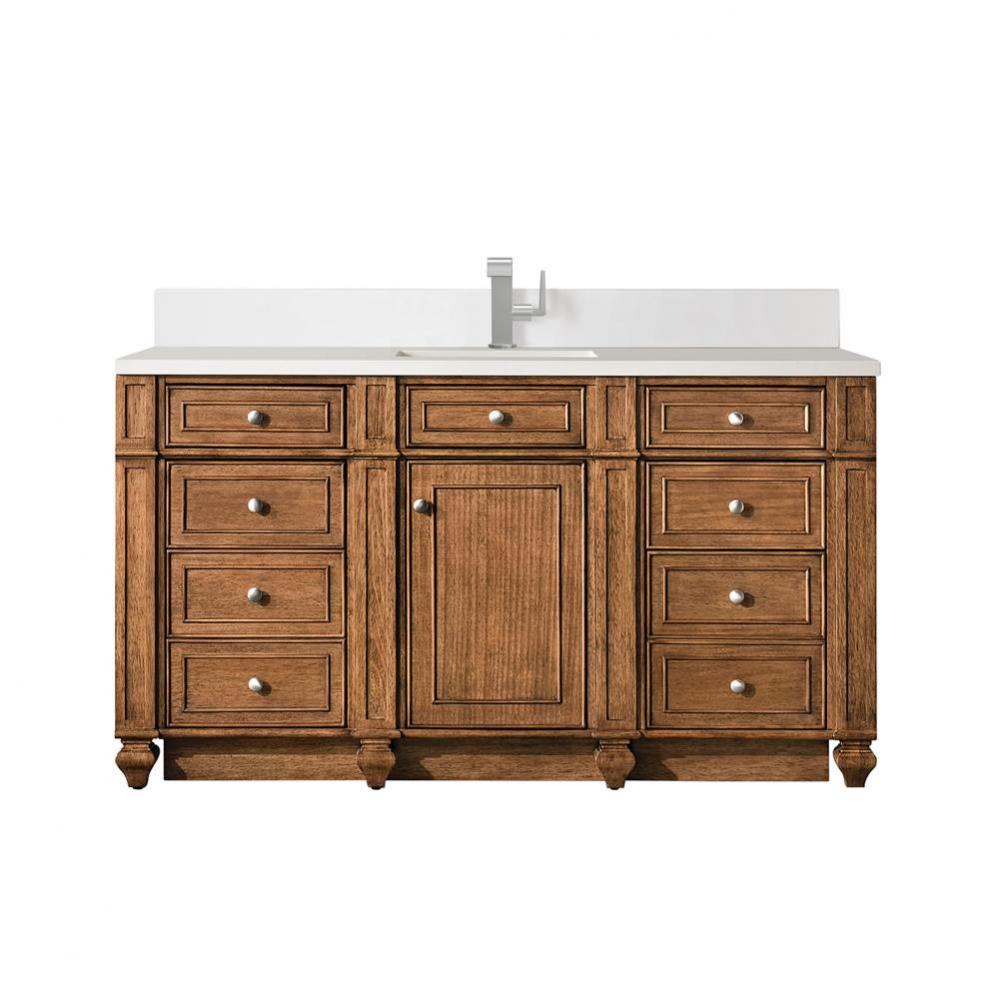 Bristol 60&apos;&apos; Single Vanity, Saddle Brown w/ Single Hole 3 CM White Zeus Quartz Top &amp;