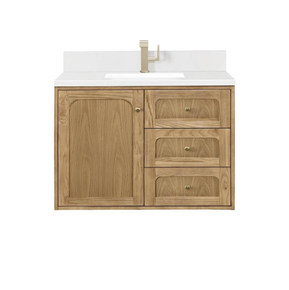 Laurent 36&apos;&apos; Single Vanity, Light Natural Oak w/ Single Hole 3 CM White Zeus Top &amp; B