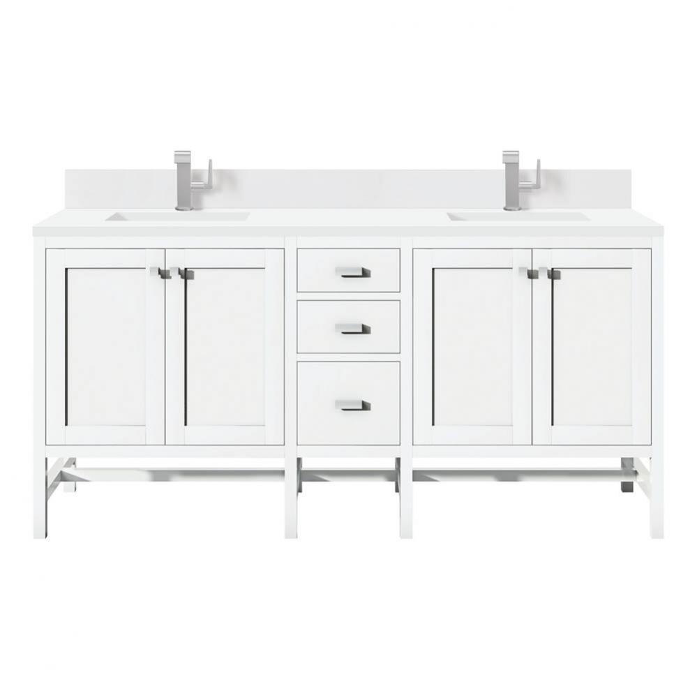 Addison 72&apos;&apos; Double Vanity, Glossy White w/ Single Hole 3 CM White Zeus Quartz Top &amp;