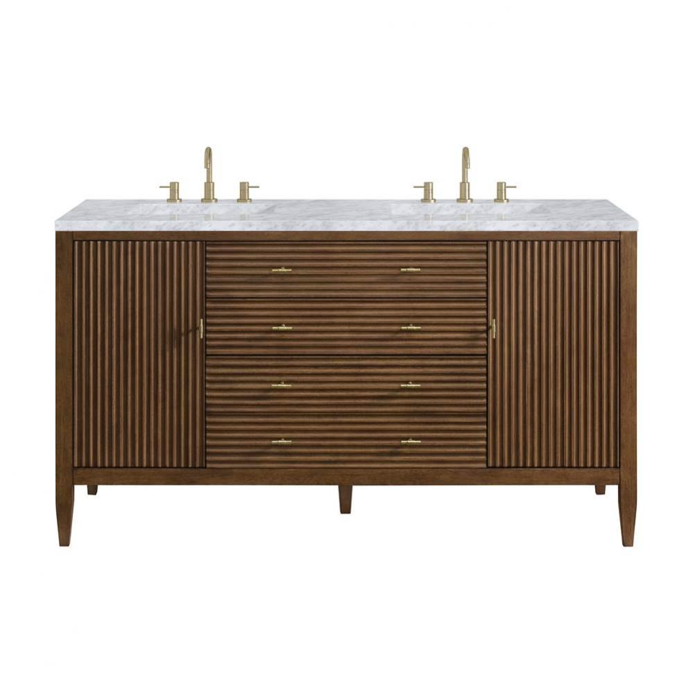 Myrrin 60&apos;&apos; Double Vanity, Mid Century Walnut w/ 3 CM Carrara White Marble Top