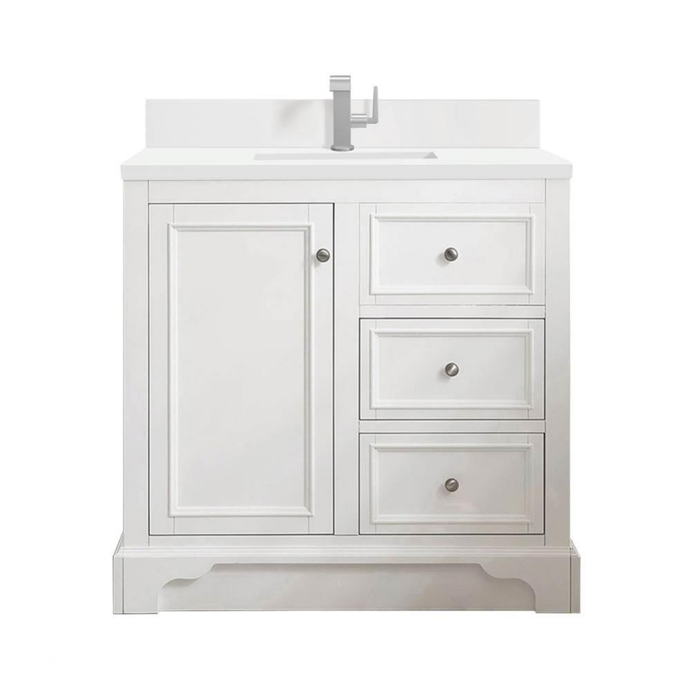 De Soto 36&apos;&apos; Single Vanity, Bright White w/ Single Hole 3 CM White Zeus Quartz Top &amp;