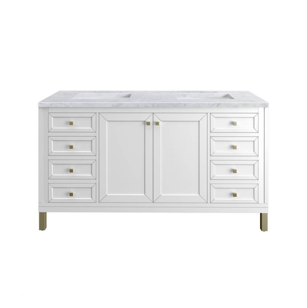 Chicago 60&apos;&apos; Double Vanity, Glossy White w/ 3 CM Carrara Marble Top