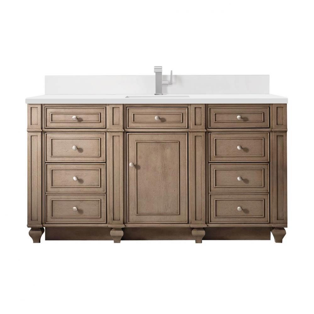 Bristol 60&apos;&apos; Single Vanity, Whitewashed Walnut w/ Single Hole 3 CM White Zeus Quartz Top