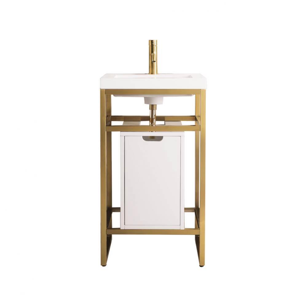 Boston 20&apos;&apos; Stainless Steel Sink Console, Radiant Gold w/ Glossy White Storage Cabinet,