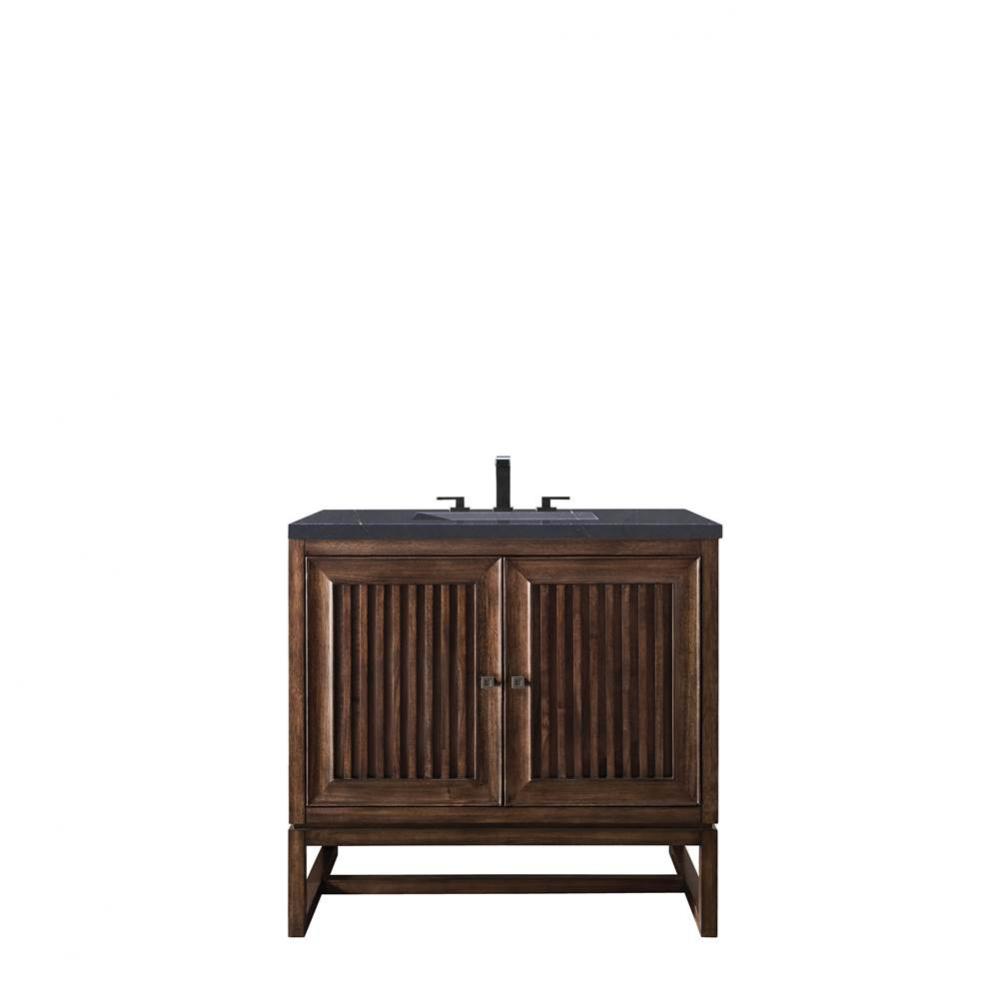 Athens 36&apos;&apos; Single Vanity Cabinet, Mid Century Acacia, w/ 3 CM Charcoal Soapstone Quartz