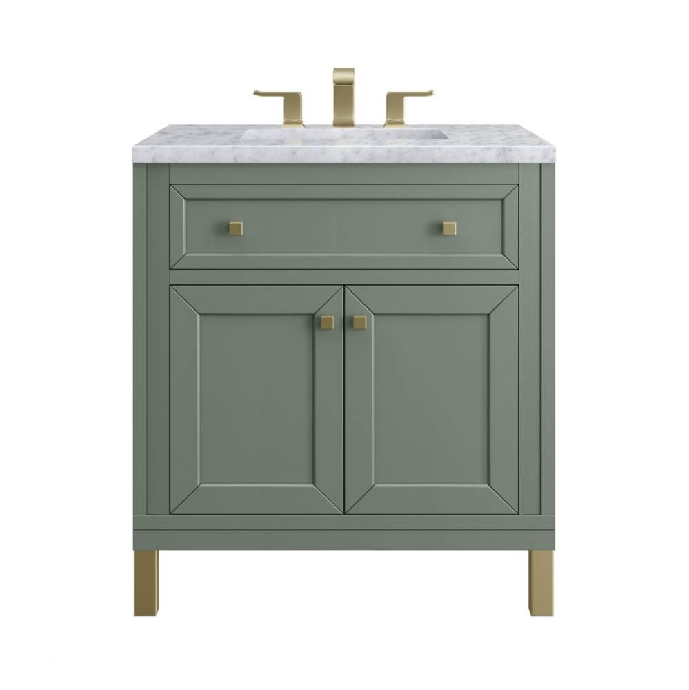 Chicago 30&apos;&apos; Single Vanity, Smokey Celadon w/ 3 CM Carrara Marble Top