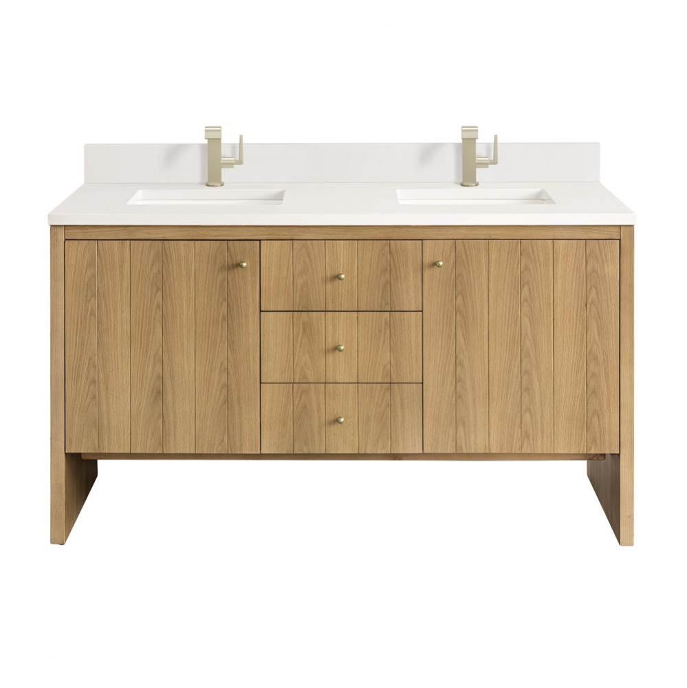 Hudson 60&apos;&apos; Double Vanity, Light Natural Oak w/ Single Hole 3 CM White Zeus Top &amp; Ba