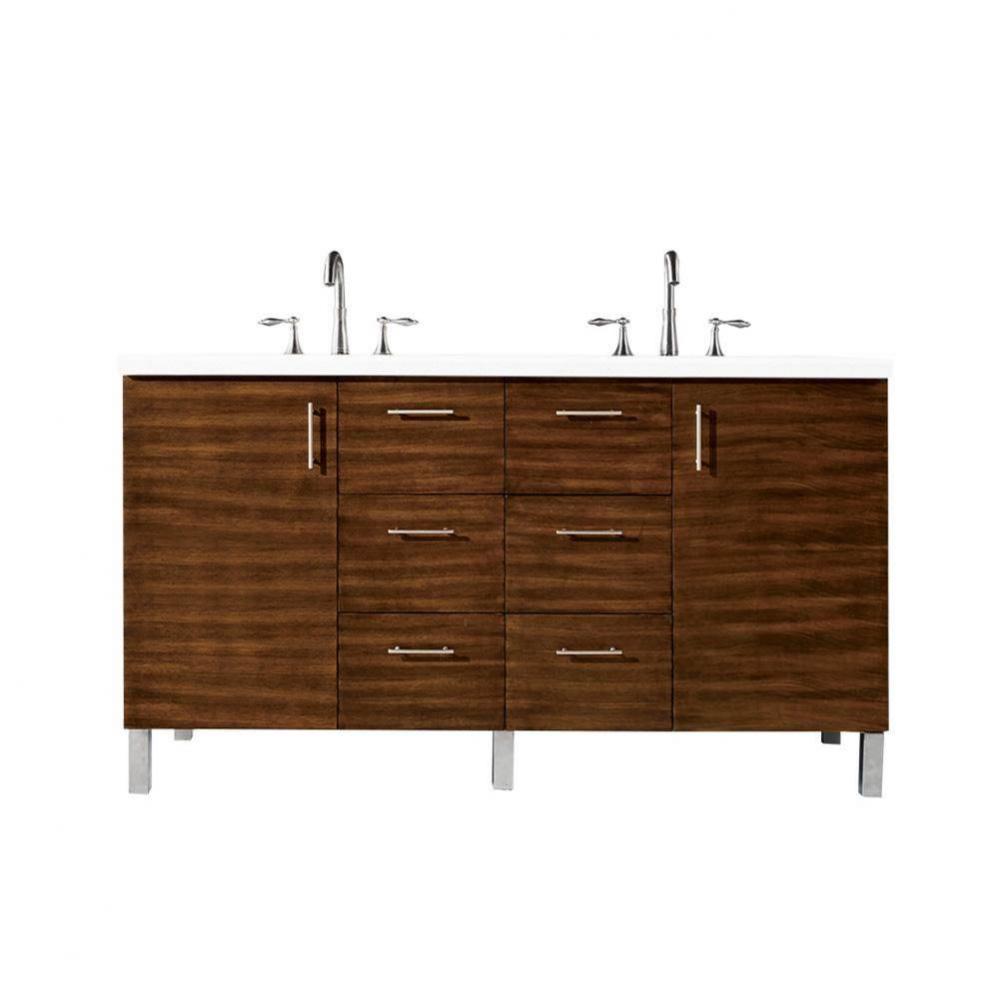Metropolitan 60&apos;&apos; Double Vanity, American Walnut, w/ 3 CM White Zeus Quartz Top