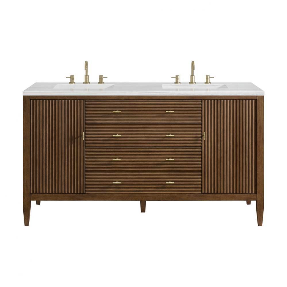 Myrrin 60&apos;&apos; Double Vanity, Mid Century Walnut w/ 3 CM Arctic Fall Solid Surface Top