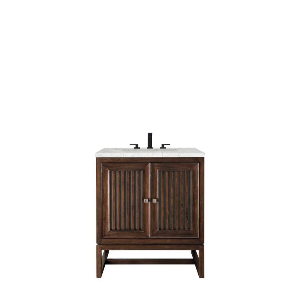 Athens 30&apos;&apos; Single Vanity Cabinet, Mid Century Acacia, w/ 3 CM Eternal Jasmine Pearl Qua