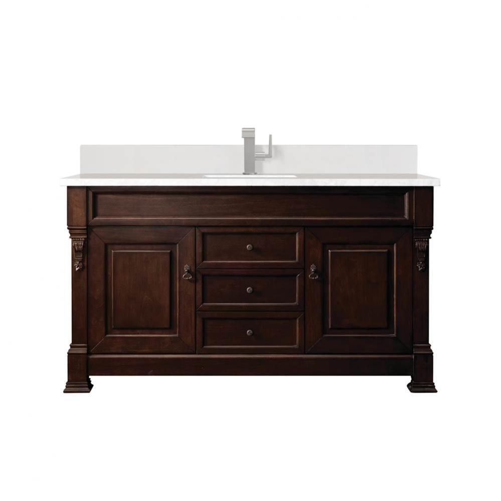 Brookfield 60&apos;&apos; Single Vanity, Burnished Mahogany w/ Single Hole 3 CM White Zeus Quartz