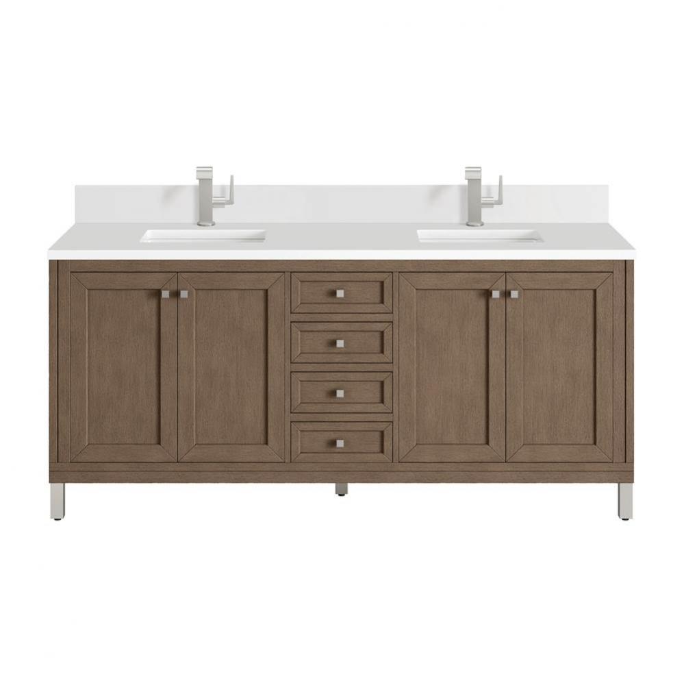 Chicago 72&apos;&apos; Double Vanity, Whitewashed Walnut w/ Single Hole 3 CM White Zeus Quartz Top