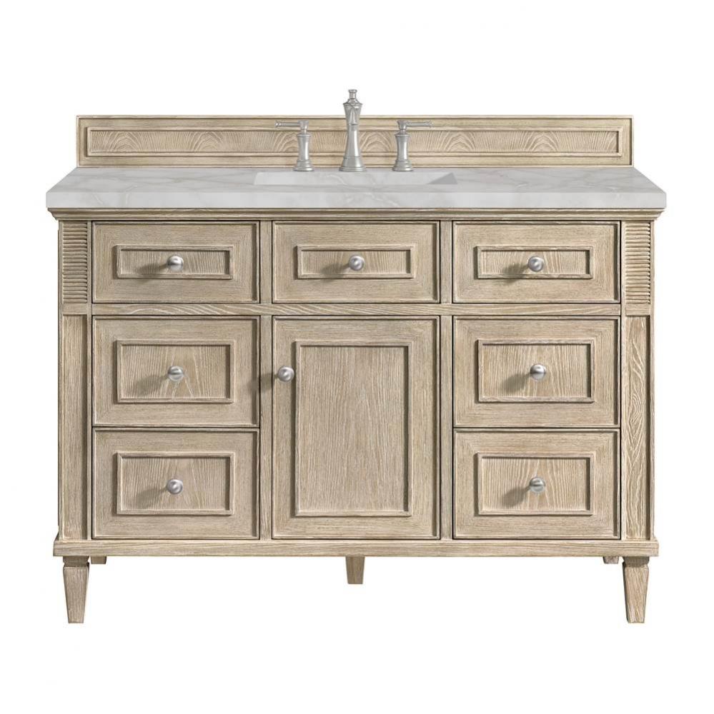 Lorelai 48&apos;&apos; Single Vanity, Whitewashed Oak w/ 3 CM Victorian Silver Quartz Top