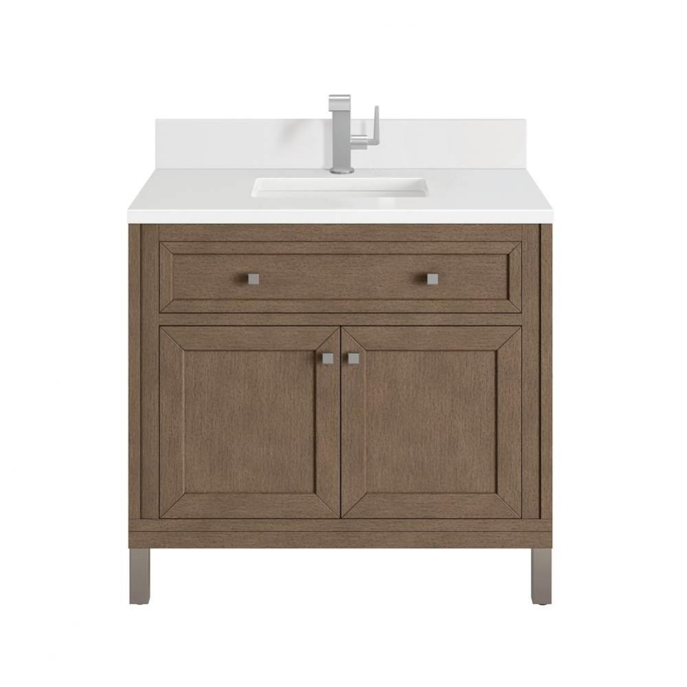 Chicago 36&apos;&apos; Single Vanity, Whitewashed Walnut w/ Single Hole 3 CM White Zeus Quartz Top