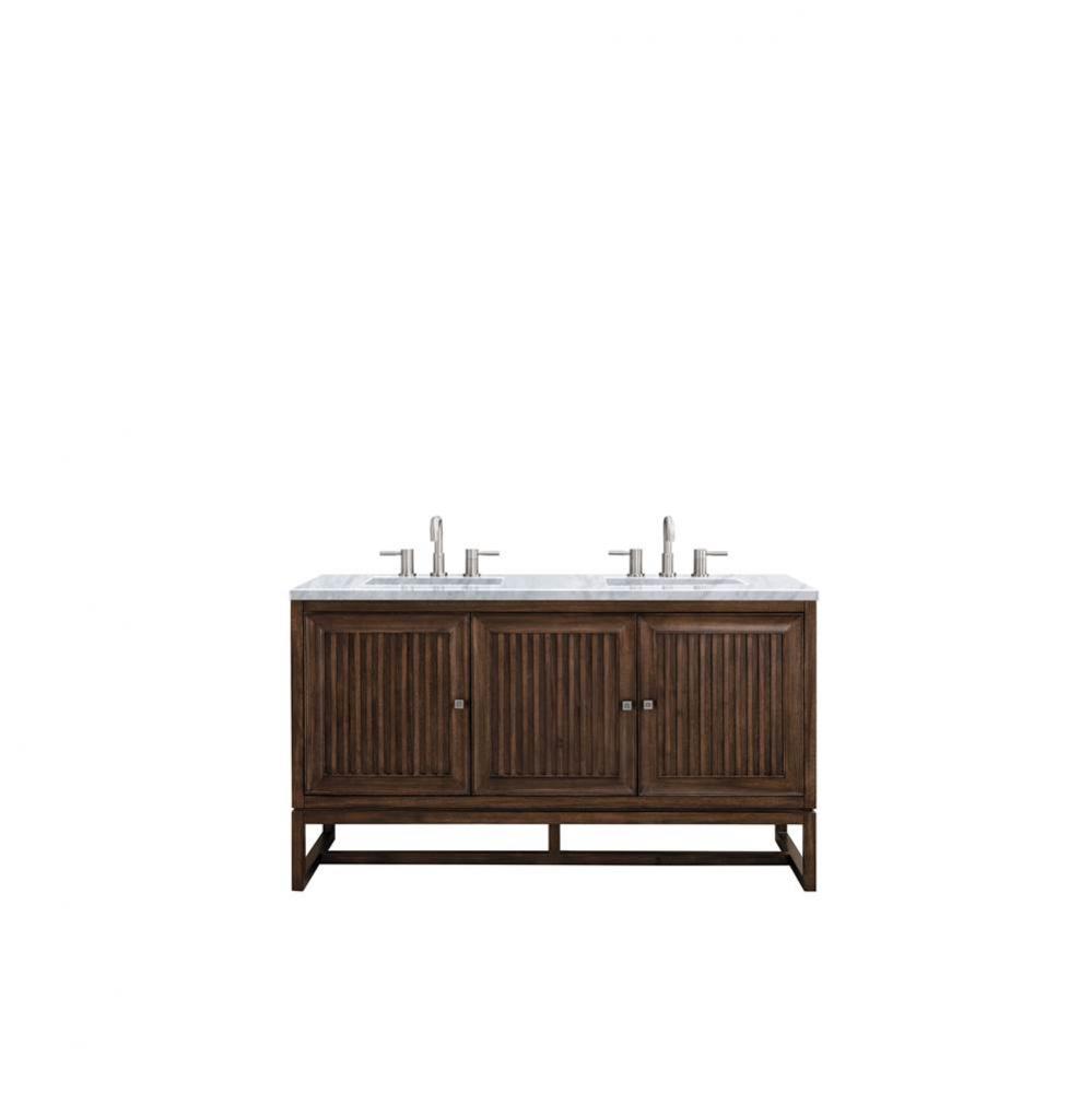 Athens 60&apos;&apos; Double Vanity Cabinet, Mid Century Acacia, w/ 3 CM Carrara White Top