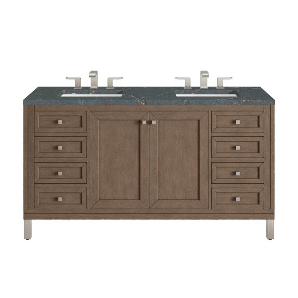 Chicago 60&apos;&apos; Double Vanity, Whitewashed Walnut w/ 3 CM Parisien Bleu Quartz Top