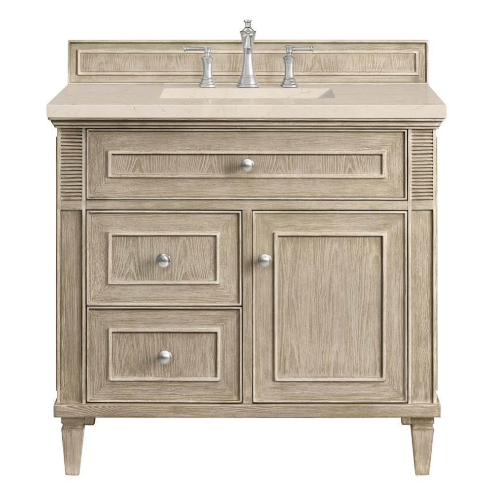 Lorelai 36&apos;&apos; Single Vanity, Whitewashed Oak w/ 3 CM Eternal Marfil Quartz Top