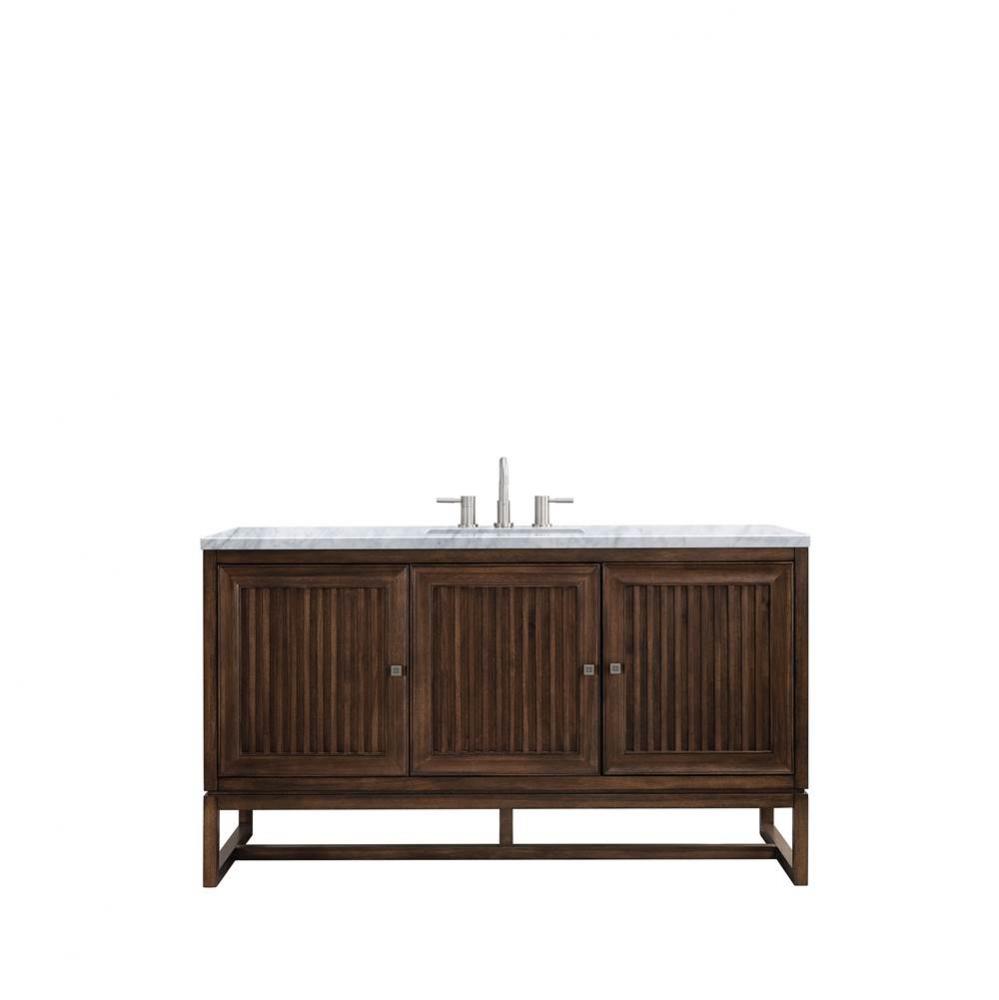 Athens 60&apos;&apos; Single Vanity Cabinet , Mid Century Acacia, w/ 3 CM Carrara White Top