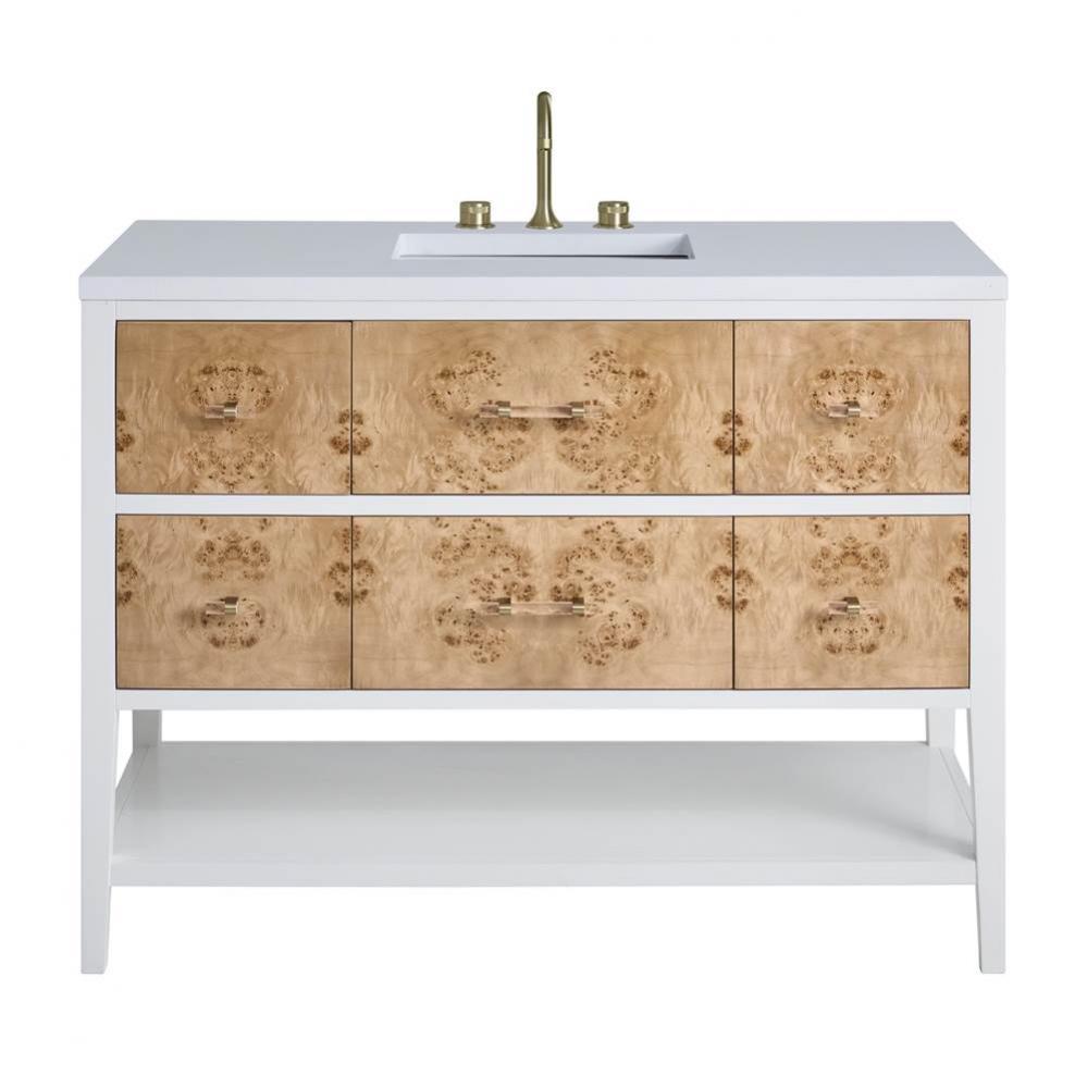 Olena 48&apos;&apos; Single Vanity, Light Mappa Burl and Polished White w/ 3 CM White Zeus Quartz