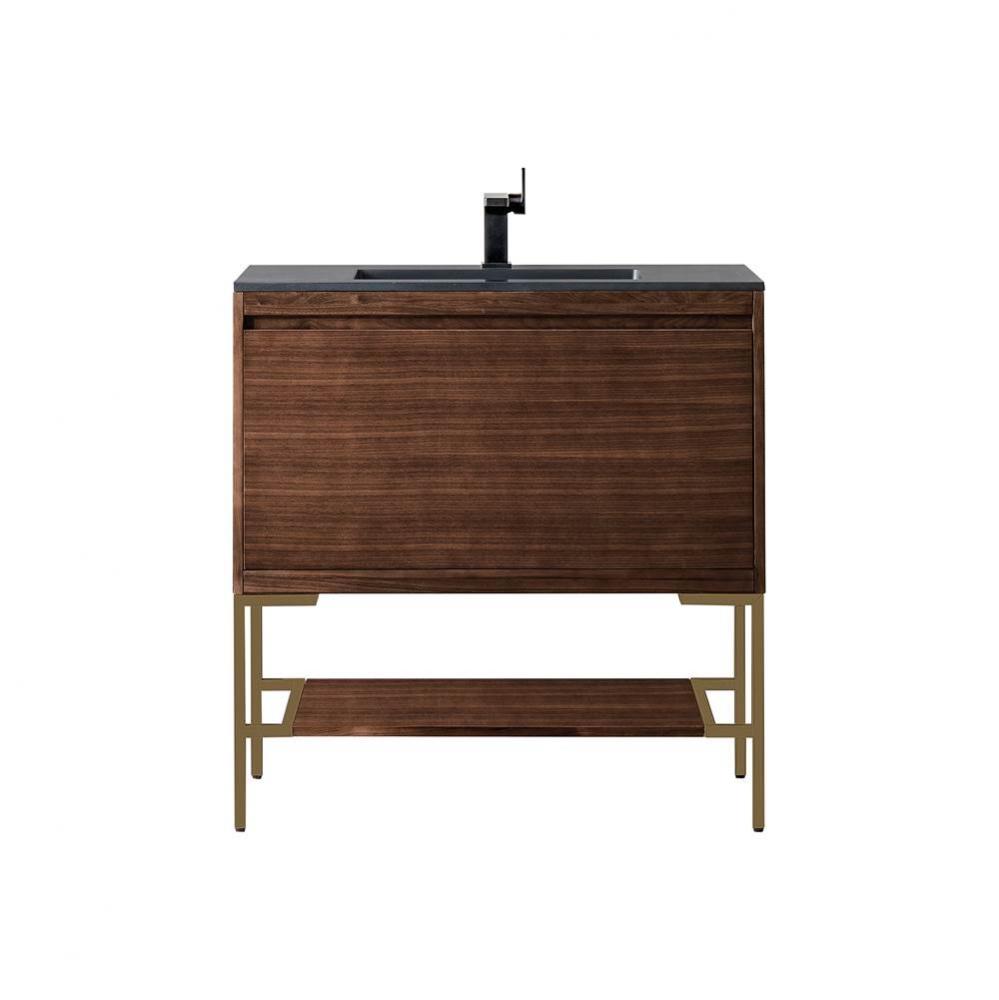 Milan 35.4&apos;&apos; Single Vanity Cabinet, Mid Century Walnut, Radiant Gold w/Charcoal Black Co