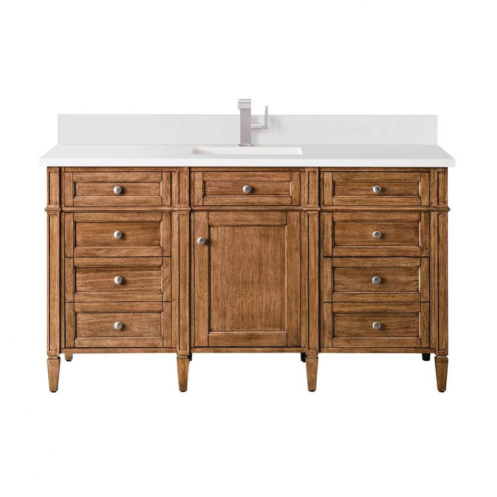 Brittany 60&apos;&apos; Single Vanity, Saddle Brown w/ Single Hole 3 CM White Zeus Quartz Top &amp