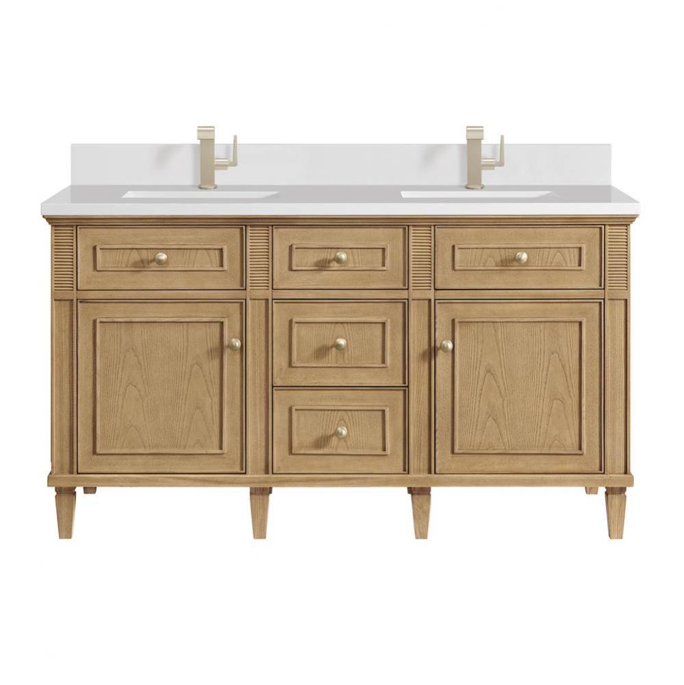 Lorelai 60&apos;&apos; Double Vanity, Light Natural Oak w/ Single Hole 3 CM White Zeus Quartz Top