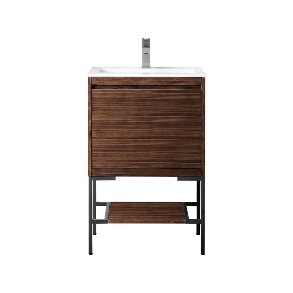 Mantova 23.6&apos;&apos; Single Vanity, Mid-Century Walnut, Matte Black Base w/ Glossy White Compo