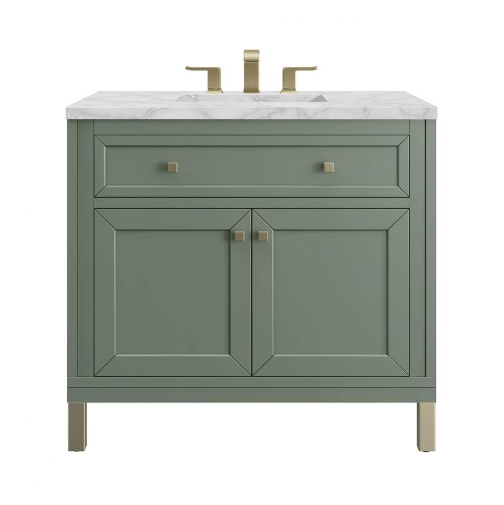 Chicago 36&apos;&apos; Single Vanity, Smokey Celadon w/ 3 CM Victorian Silver Top