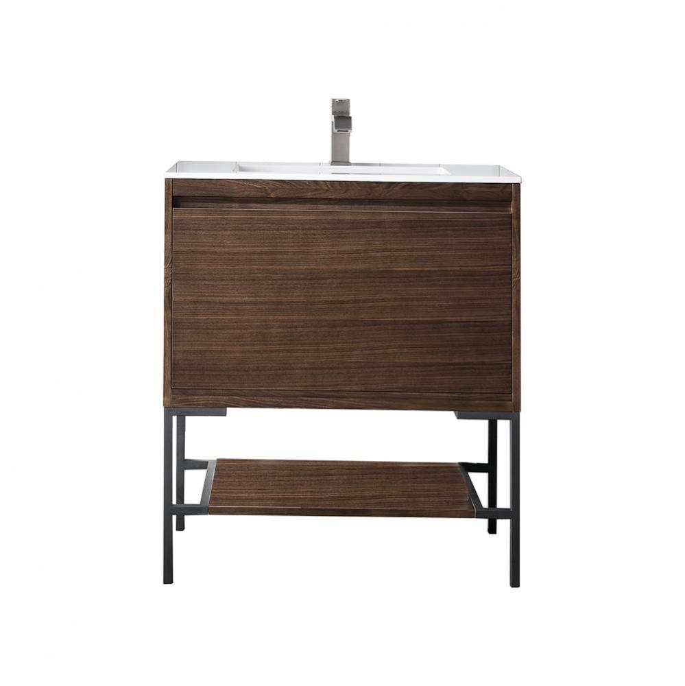 Mantova 31.5&apos;&apos; Single Vanity, Mid-Century Walnut, Matte Black Base w/ Glossy White Compo