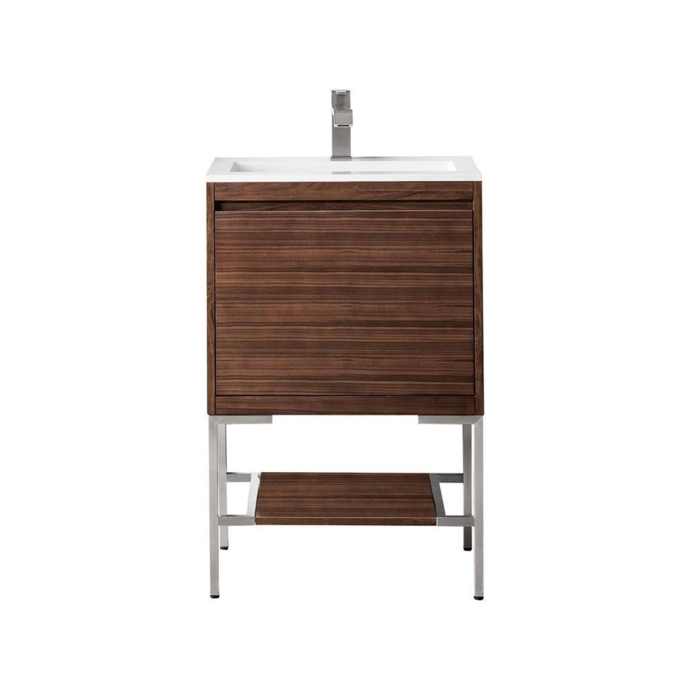 Mantova 23.6&apos;&apos; Single Vanity, Mid-Century Walnut, Brushed Nickel Base w/ Glossy White Co