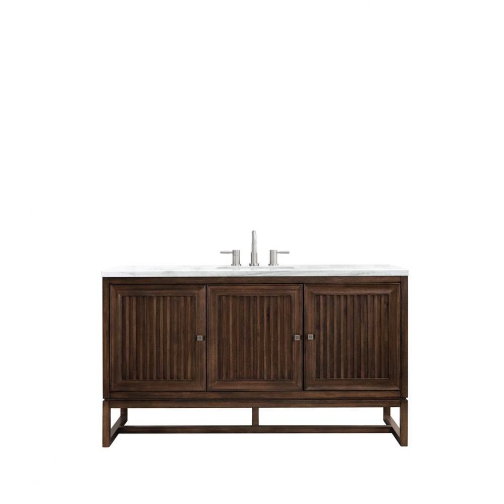 Athens 60&apos;&apos; Single Vanity Cabinet , Mid Century Acacia, w/ 3 CM Arctic Fall Solid Surfac