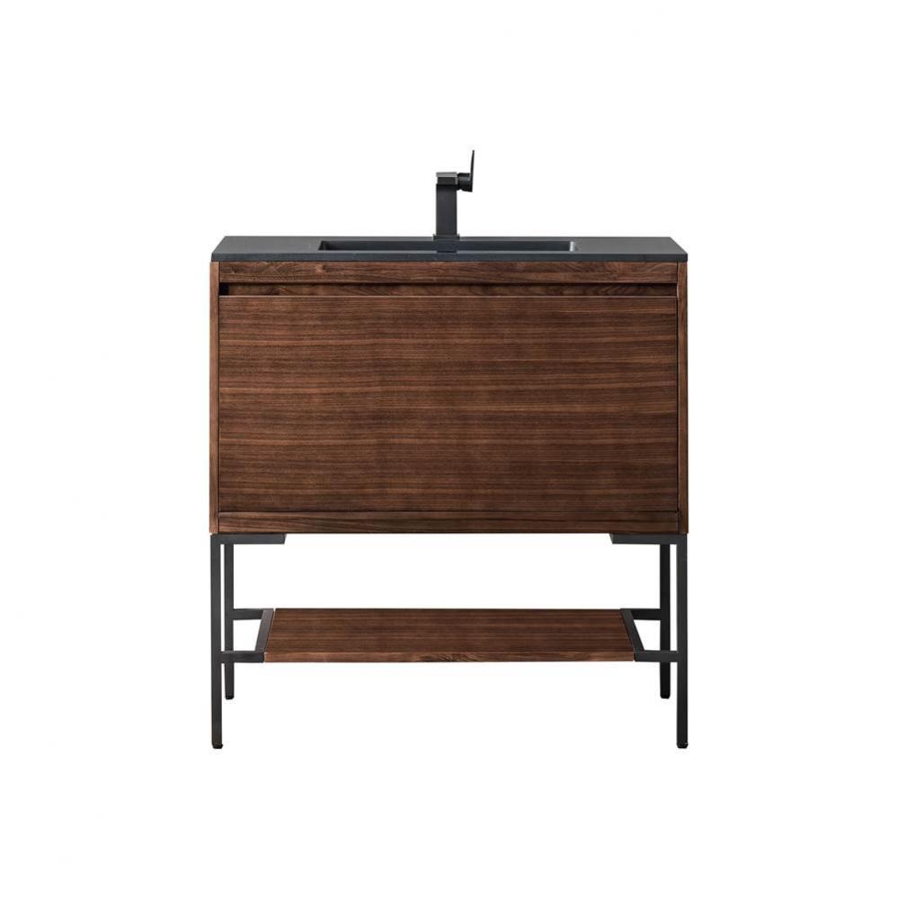 Mantova 35.4&apos;&apos; Single Vanity, Mid-Century Walnut, Matte Black Base w/ Charcoal Black Com