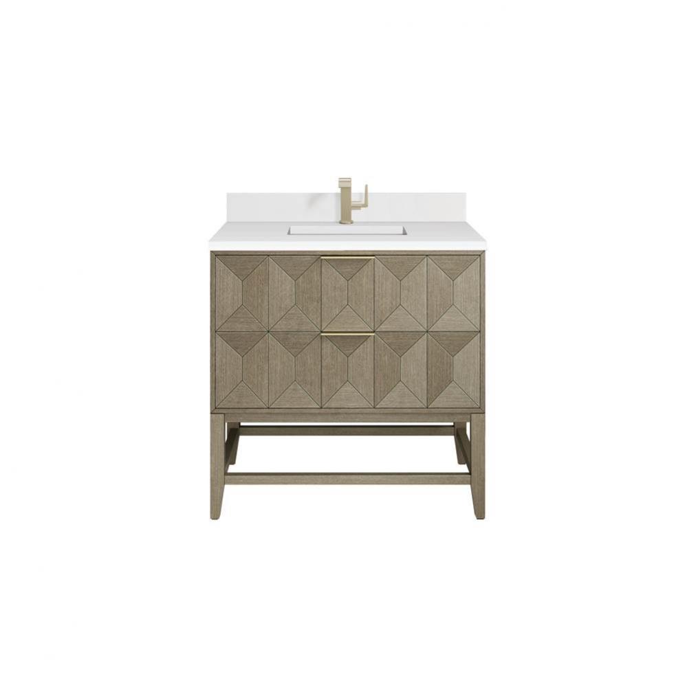 Emmeline 36&apos;&apos; Single Vanity, Pebble Oak w/ Single Hole 3 CM White Zeus Top &amp; Backspl